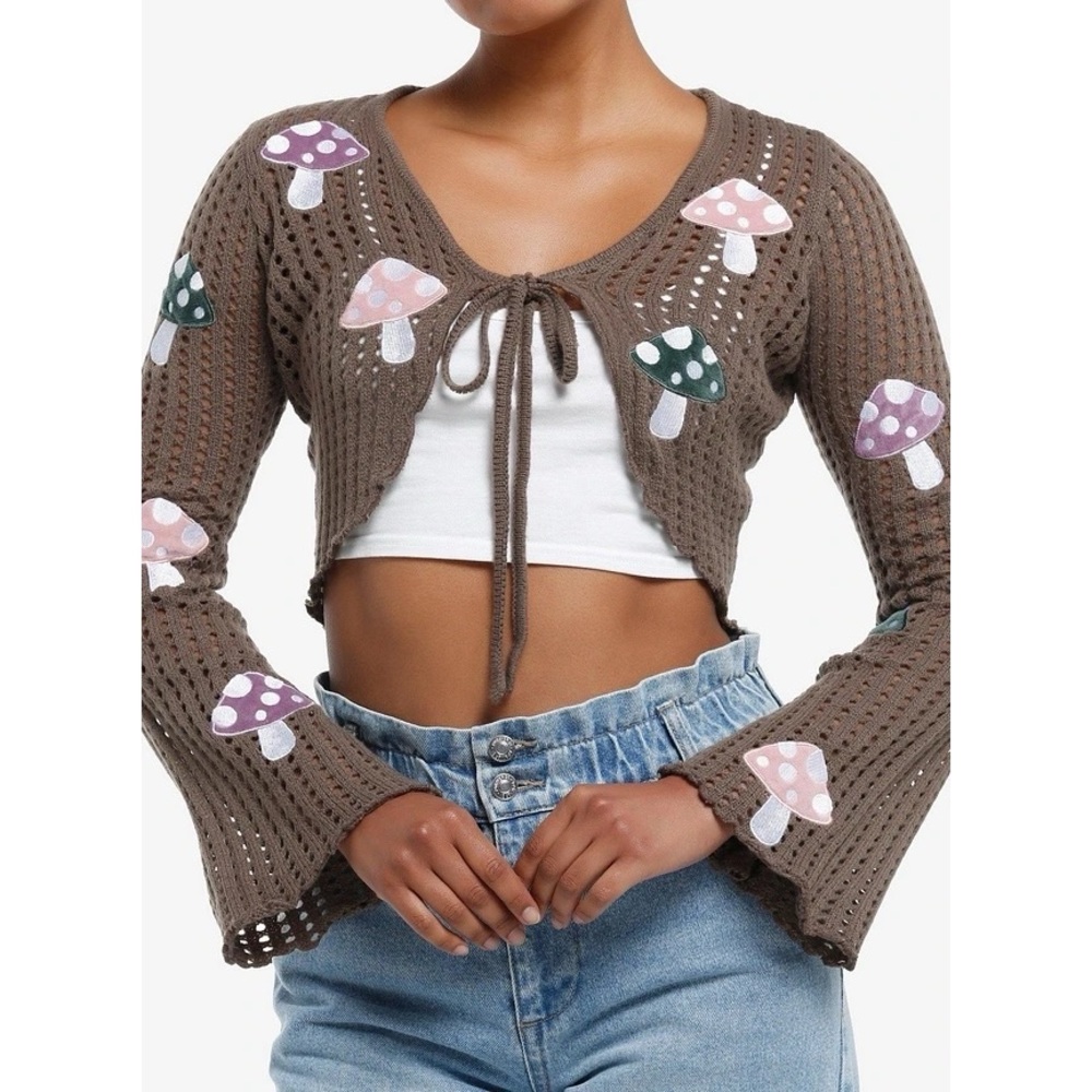 Thorn & Fable Mushroom Tie-Front Cropped Cardigan Size MD